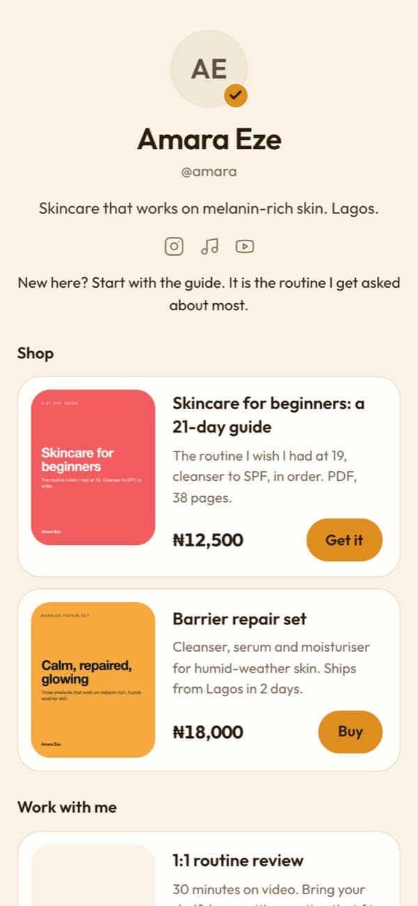 A creator's page with her guide and product set for sale